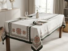 Product image of CROSS STITCH DIGITAL PRINTED TASSEL TABLECLOTH 140x140 ECRU მაგიდის გადასაფარებელი