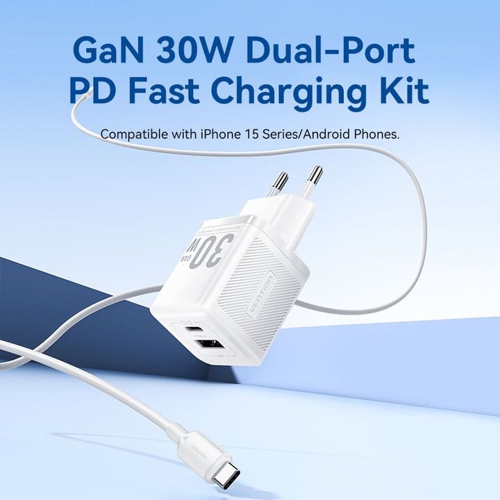 vention-tz-feqw0-eu-01-2-port-usb-c-a-gan-charger-30w30w-with-usb-c-to-usb-c-cable-1m-eu-plug-white-photo-2