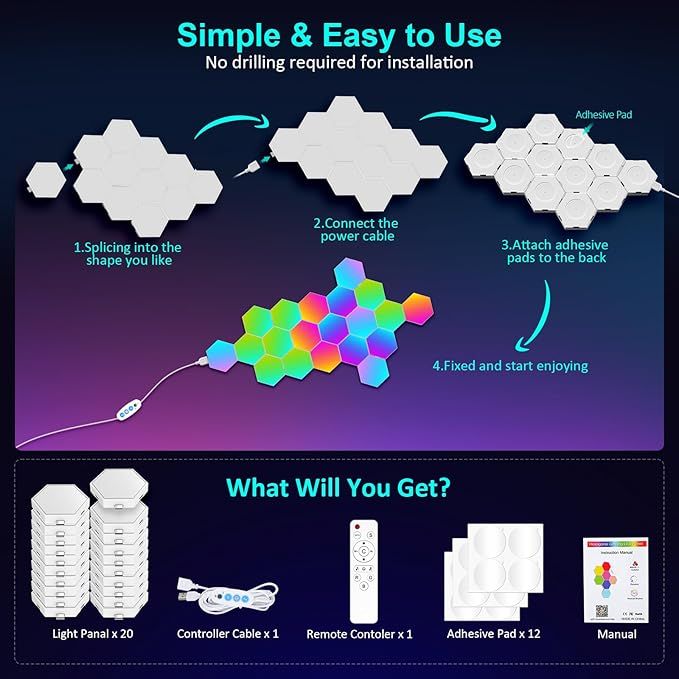 eqvskutkha-magnituri-ganateba-aplikatsiit-khmit-pultit-kontroli-smart-ambient-room-decor-wall-panel-rgb-magic-color-led-hexagon-light-6-tsali-photo-2