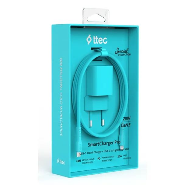 ttec-smartcharger-gan-20w-pd-travel-fast-charger-usb-c--lightning-cable-120cm-neon-purple-2scg20lnm-adapteri-photo-2