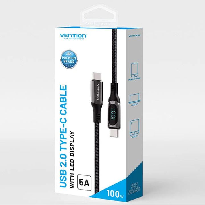 vention-taybav-cotton-braided-usb-20-c-male-to-c-male-5a-cable-with-led-display-12m-black-zinc-alloy-type-photo-4