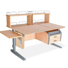 Product image of სამეცადინო მაგიდა 'ერგო' ეკო 75/40R მრგვალი კუთხით, დასაკიდი ტუმბოთი, გვერდითა, უკანა ორ იარუსიანი თაროთი