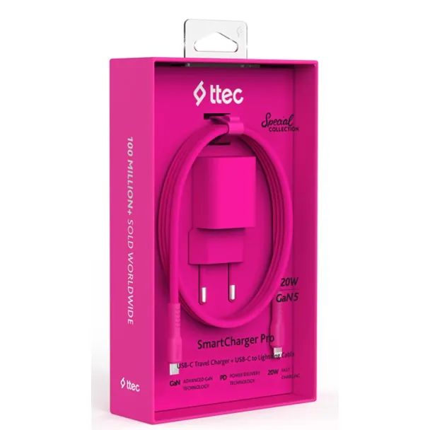 ttec-smartcharger-gan-20w-pd-travel-fast-charger-usb-c--lightning-cable-120cm-neon-pink-2scg20lnp-adapteri-photo-2