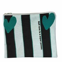 Product image of LoveStars Black Striped With Green Hearts SELF LOVE IS A SUPER POWER კოსმეტიკის ჩანთა