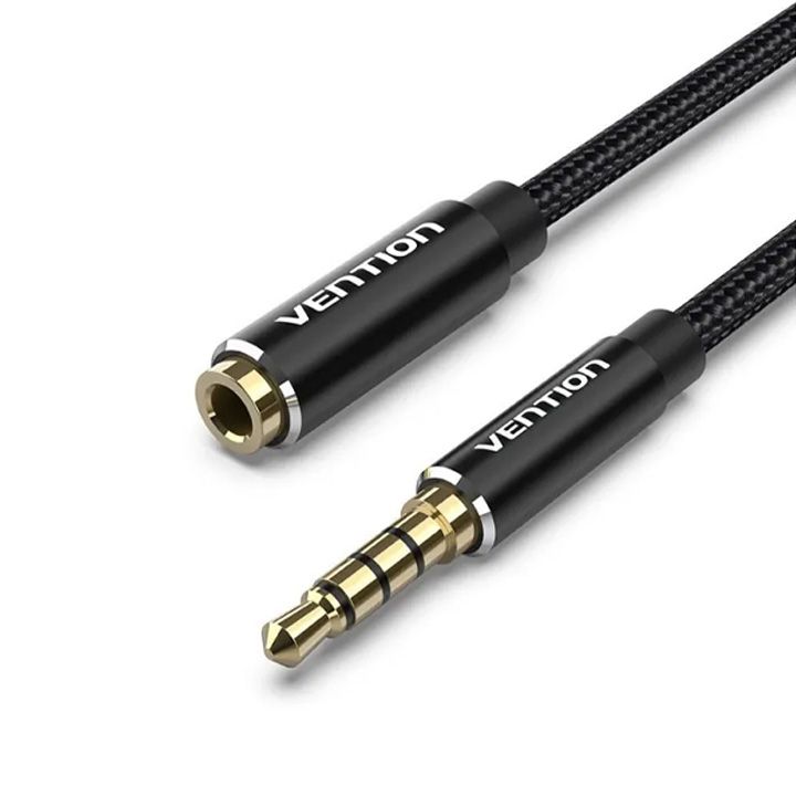 vention-bhcbf-cotton-braided-trrs-35mm-male-to-35mm-female-audio-extension-cable-1m-black-aluminum-alloy-type-photo-2
