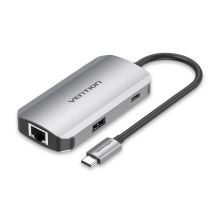 Product image of VENTION TNFHB USB-C to USB3.0x3/RJ45/PD Hub 0.15M Gray Aluminum Alloy Type USB ჰაბი