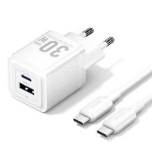 Product image of VENTION TZ-FEQW0-EU-01 2-Port USB (C + A) GaN Charger (30W/30W) with USB-C to USB-C Cable (1M) EU-Plug White