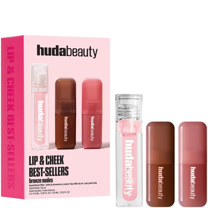 huda-beauty-lip-cheek-best-sellers-liquis-blush-filter-latte-strawberry-creamfaux-filler-lip-oil-juicy-pink-baby-sasachuqre-nakrebi