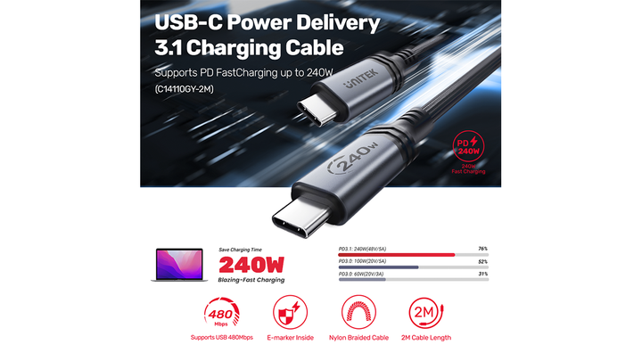 unitek-c14110gy-240w-usb-c-to-usb-c-kabeli-2m-photo-2