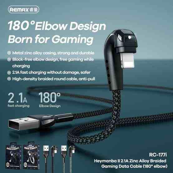 remax-heymanba-ii-21a-zinc-alloy-braided-gaming-data-cable-180-elbow-rc-177i-1m-lightning--black-photo-2