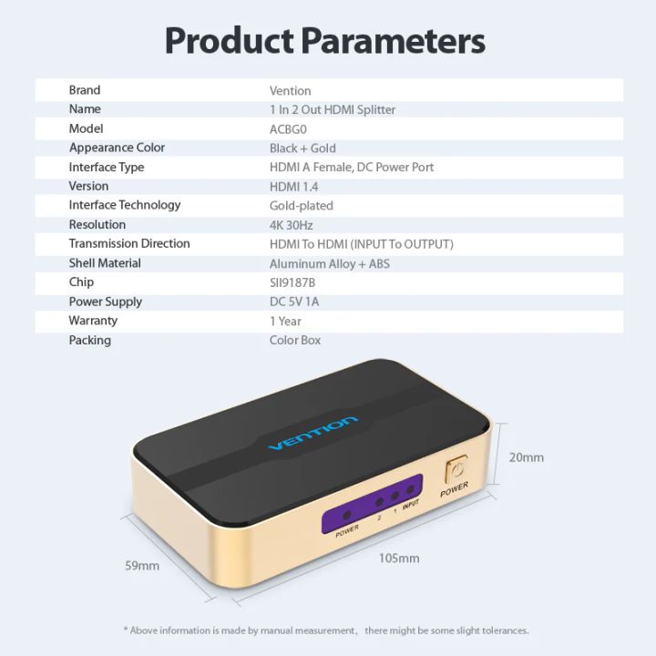 vention-acbg0-eu-1-in-2-out-hdmi-splitter-4k30hz-gold-aluminum-alloy-photo-2
